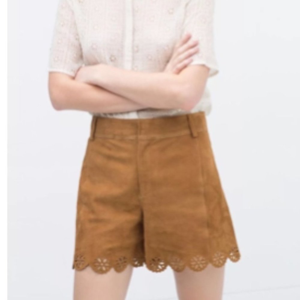 Zara Woman faux suede shorts camel scalloped floral 70's retro cowgirl cognac